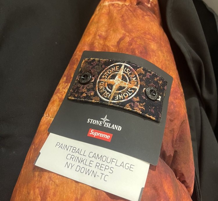 Supreme Stone Island Painted Camo Crinkle Down Jacket Coral
