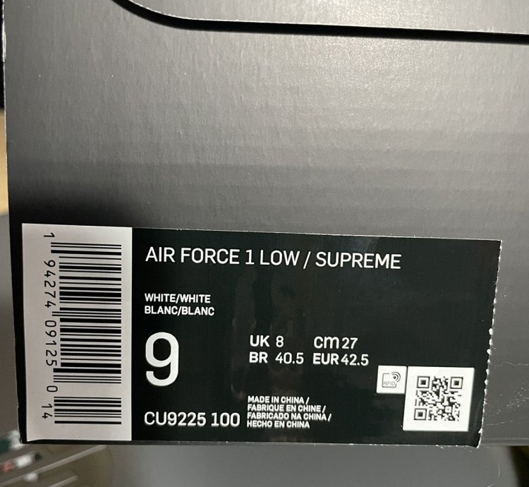 Supreme Air Force 1 Low White Size 9