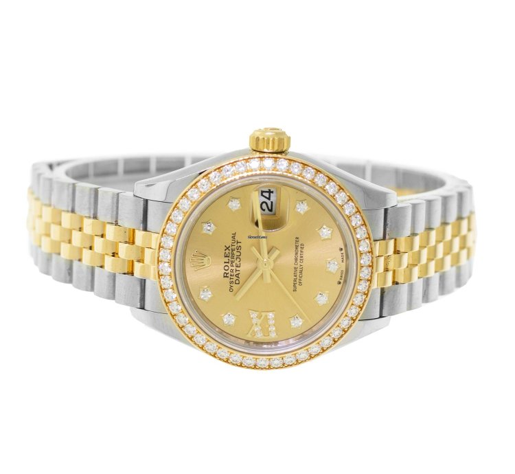 Rolex Lady-datejust 28mm Yellow Gold Steel Champagne Star Diamond Dial 279383