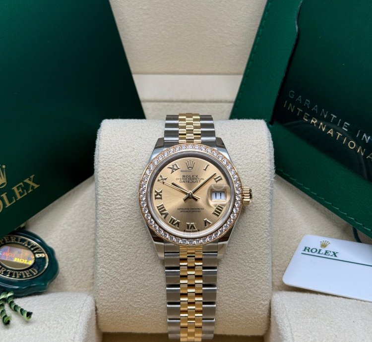 Rolex Lady-datejust New 2024 Champagne Roman Dial Diamond Bezel Two Tone Yellow Gold Jubilee
