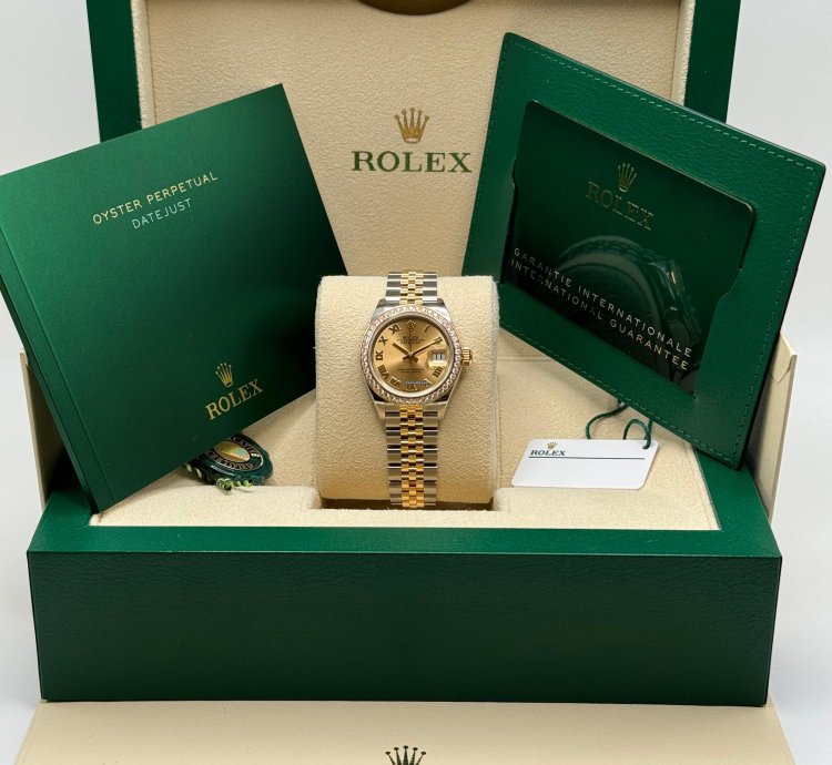 Rolex Lady-datejust New 2024 Champagne Roman Dial Diamond Bezel Two Tone Yellow Gold Jubilee