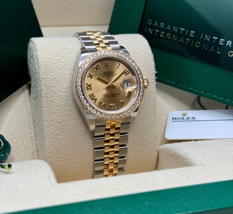 Rolex Lady-datejust New 2024 Champagne Roman Dial Diamond Bezel Two Tone Yellow Gold Jubilee