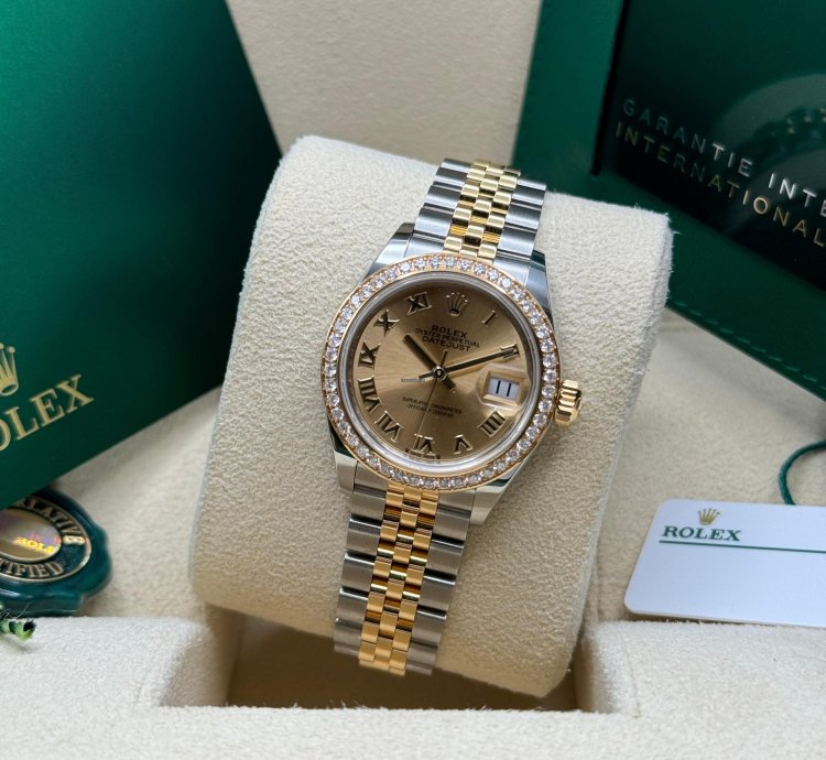 Rolex Lady-datejust New 2024 Champagne Roman Dial Diamond Bezel Two Tone Yellow Gold Jubilee