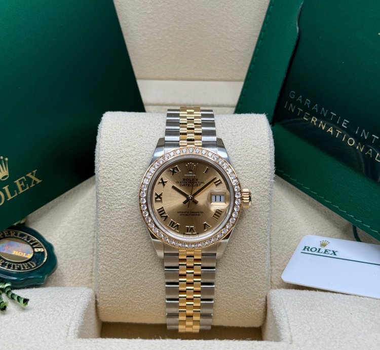 Rolex Lady-datejust New 2024 Champagne Roman Dial Diamond Bezel Two Tone Yellow Gold Jubilee