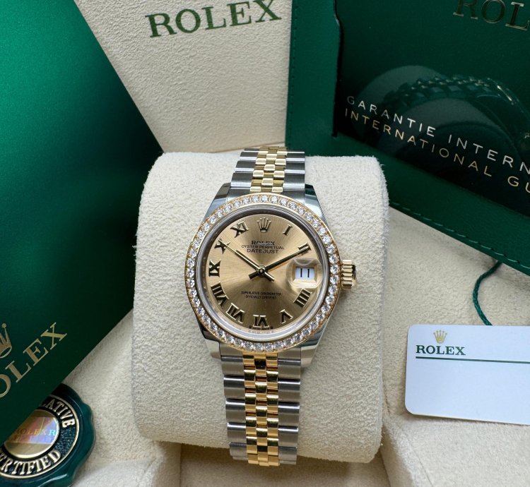 Rolex Lady-datejust New 2024 Champagne Roman Dial Diamond Bezel Two Tone Yellow Gold Jubilee