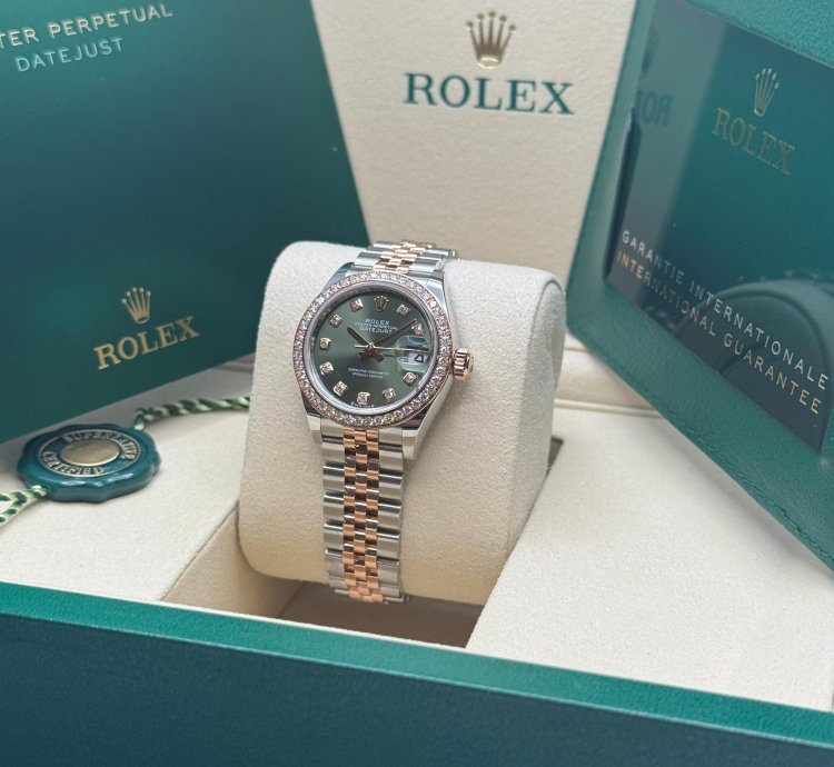 Rolex Lady-datejust New 2025 Olive Green Diamond Dial Diamond Bezel Two Tone Jubilee Rose Gold