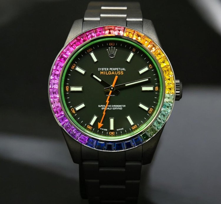 Rolex Milgauss 40mm - Black Rainbow - Oyster Custom Diamond Bezel - Iced Out