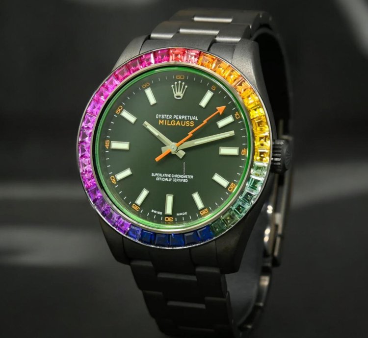 Rolex Milgauss 40mm - Black Rainbow - Oyster Custom Diamond Bezel - Iced Out