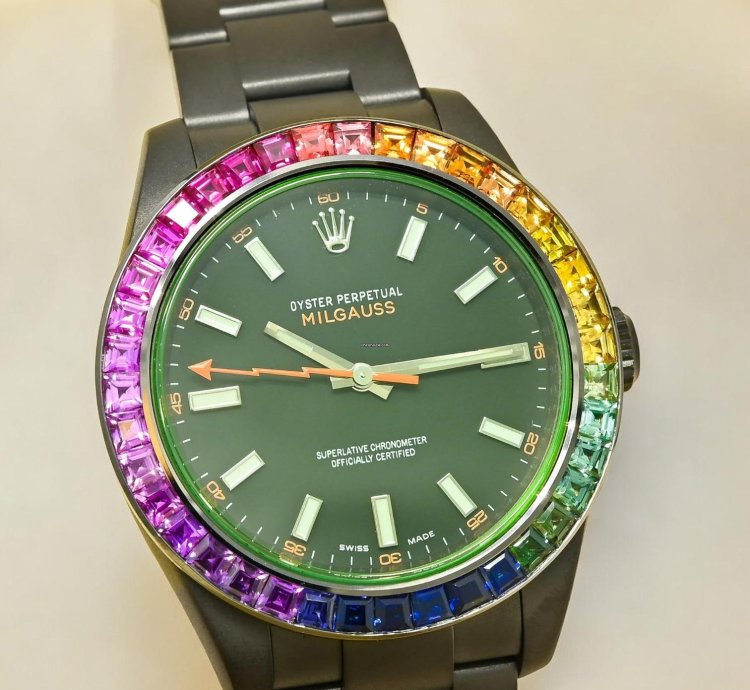 Rolex Milgauss 40mm - Black Rainbow - Oyster Custom Diamond Bezel - Iced Out