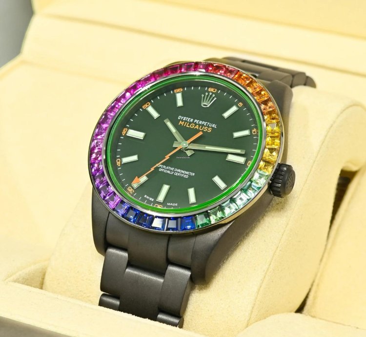 Rolex Milgauss 40mm - Black Rainbow - Oyster Custom Diamond Bezel - Iced Out