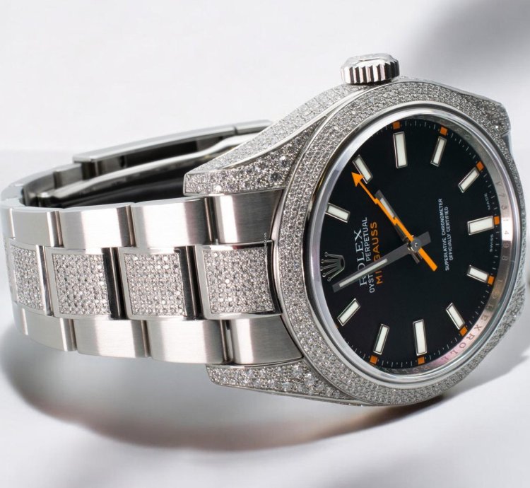 Rolex Milgauss Diamonds Black Dial - Custom Diamond Set pav Bezel - Iced Out