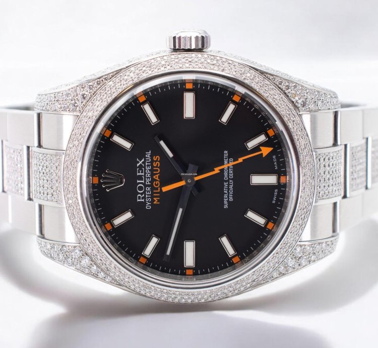 Rolex Milgauss Diamonds Black Dial - Custom Diamond Set pav Bezel - Iced Out