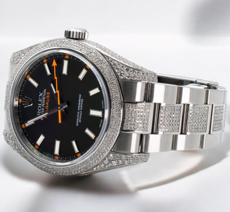 Rolex Milgauss Diamonds Black Dial - Custom Diamond Set pav Bezel - Iced Out