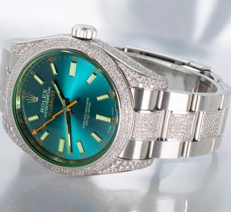 Rolex Milgauss Diamonds Gv -blue - Custom Diamond Set pav Bezel - Iced Out