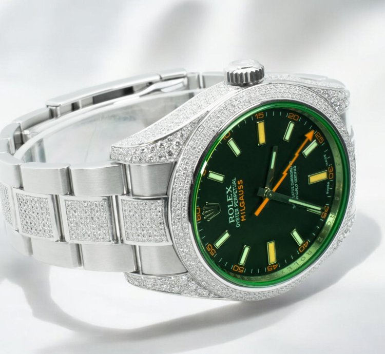 Rolex Milgauss Diamonds Gv Black Dial - Custom Diamond Set pav Bezel - Iced Out
