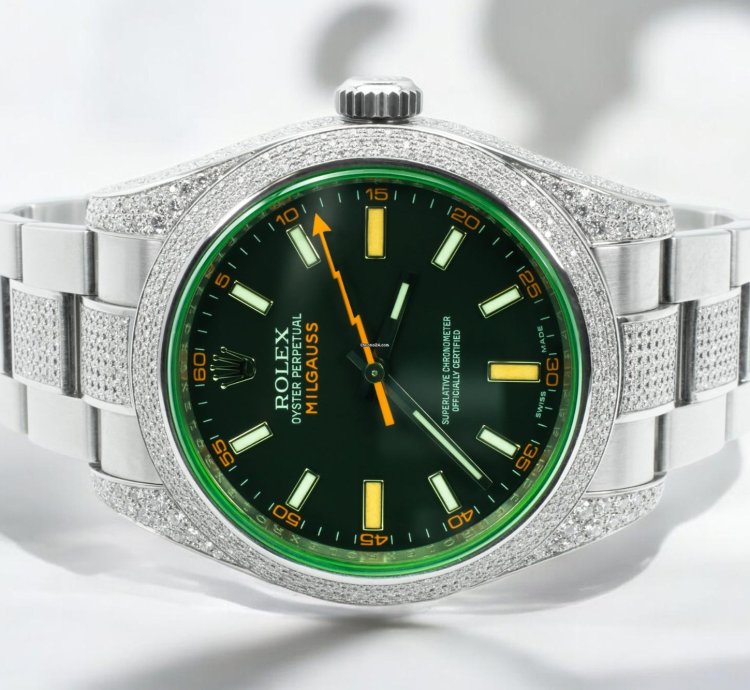 Rolex Milgauss Diamonds Gv Black Dial - Custom Diamond Set pav Bezel - Iced Out