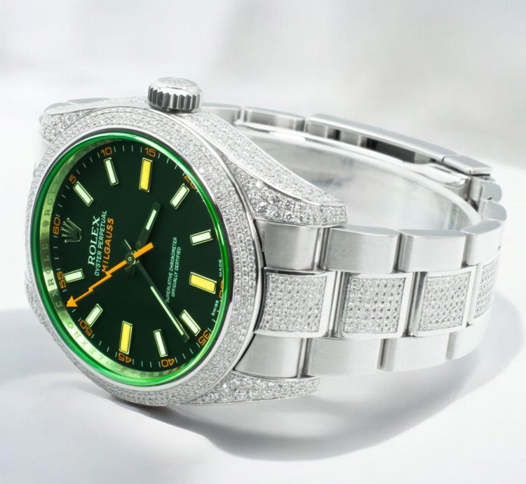 Rolex Milgauss Diamonds Gv Black Dial - Custom Diamond Set pav Bezel - Iced Out