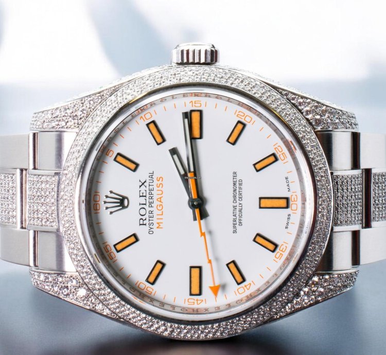 Rolex Milgauss Diamonds White Dial - Custom Diamond Set pav Bezel - Iced Out
