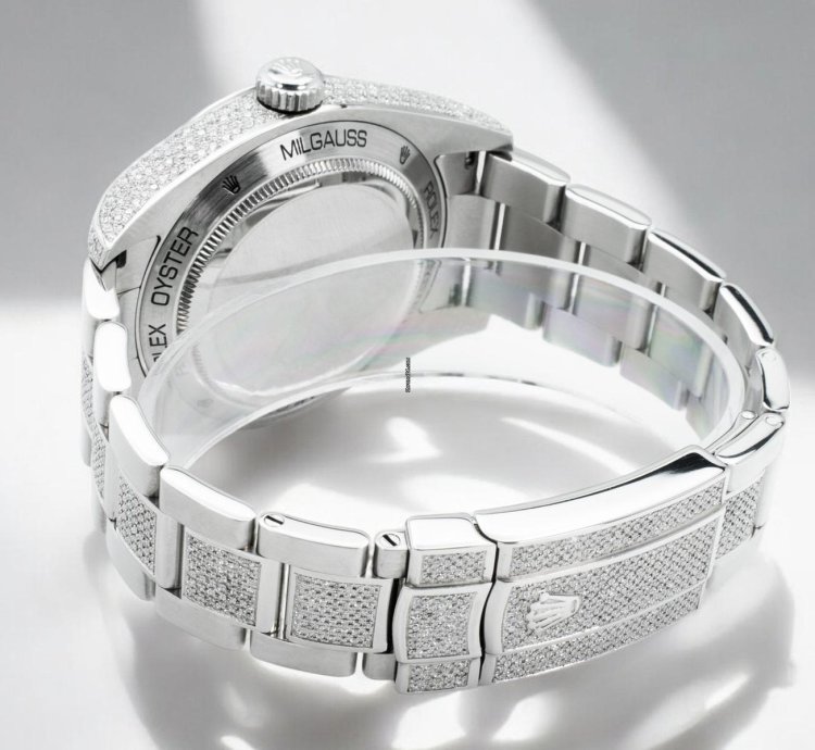 Rolex Milgauss Diamonds White Dial - Custom Diamond Set pav Bezel - Iced Out