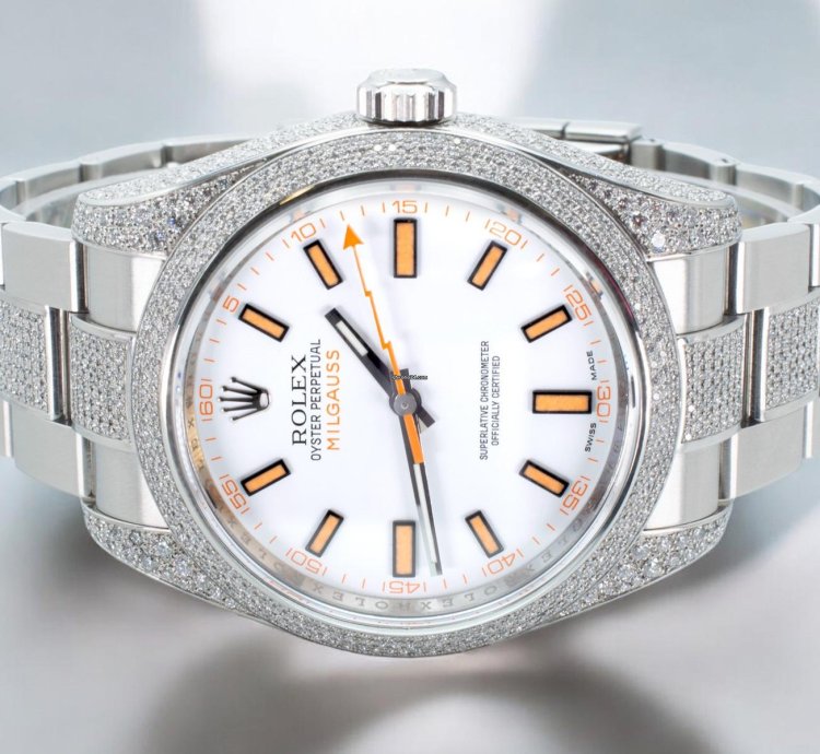 Rolex Milgauss Diamonds White Dial - Custom Diamond Set pav Bezel - Iced Out