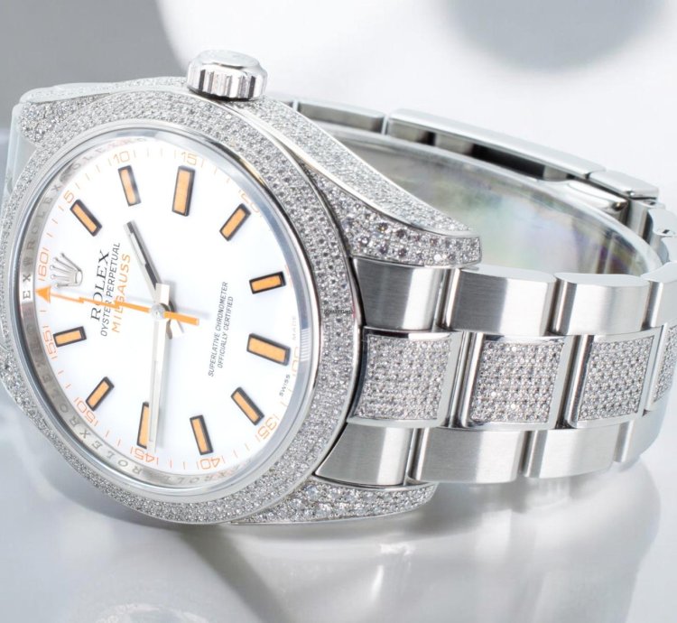 Rolex Milgauss Diamonds White Dial - Custom Diamond Set pav Bezel - Iced Out