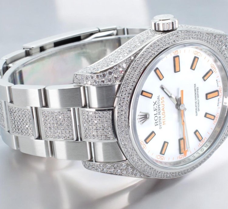 Rolex Milgauss Diamonds White Dial - Custom Diamond Set pav Bezel - Iced Out