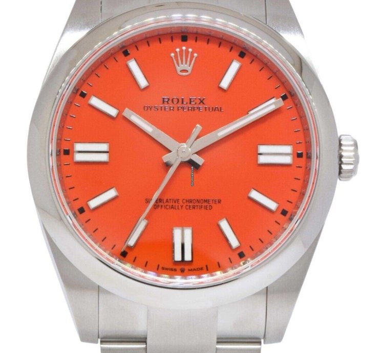 Rolex Oyster Perpetual 41 Steel Coral Red Dial Mens Watch Box Papers 21 124300