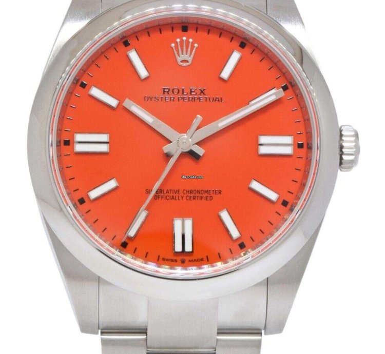 Rolex Oyster Perpetual 41 Steel Coral Red Dial Mens Watch Box Papers 21 124300