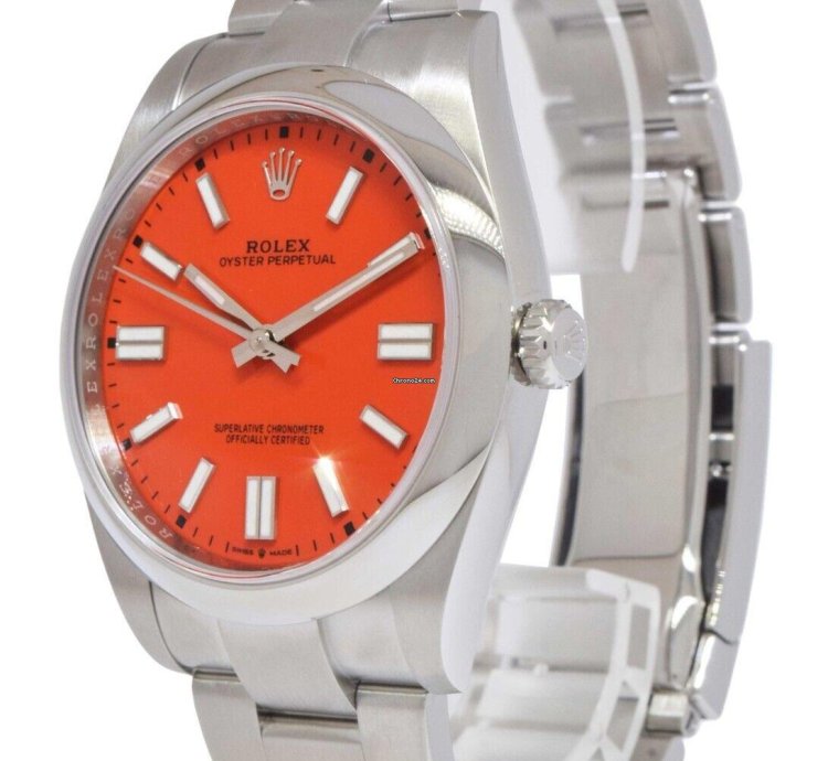 Rolex Oyster Perpetual 41 Steel Coral Red Dial Mens Watch Box Papers 21 124300