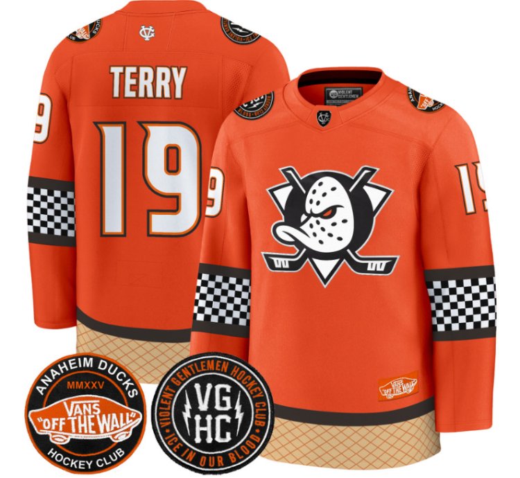 Troy Terry Jersey 19 Anaheim Ducks Checkerboard 2025 Premium Stitched Orange