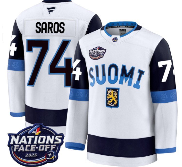 Mens Juuse Saros Jersey 74 Finland White 2025 4 Nations Face-off Stitched