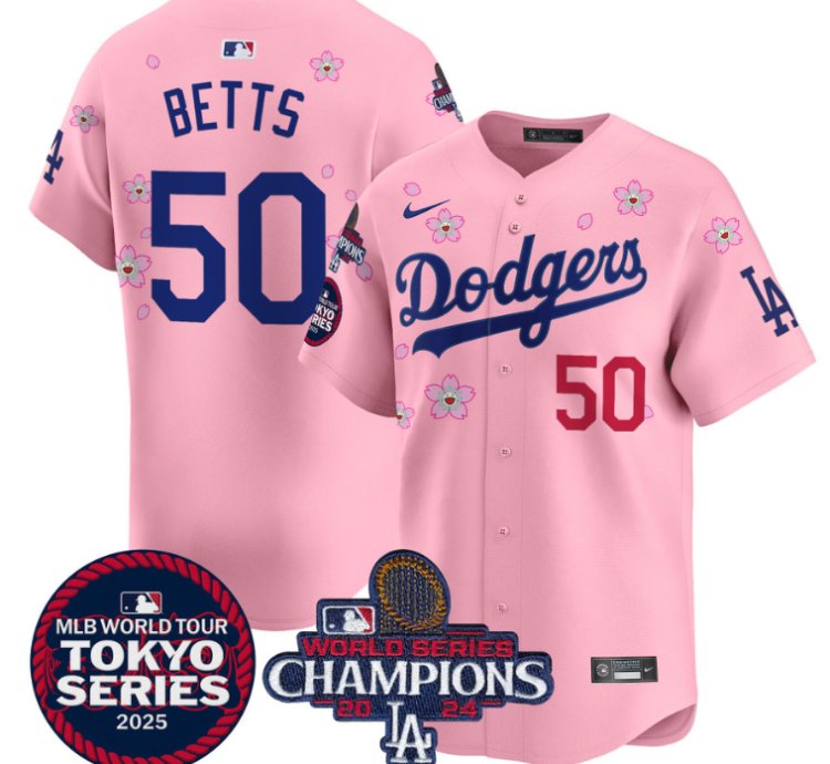 Mookie Betts Jersey 50 Dodgers Tokyo Series 2025 World Series Champions Patch Cherry Blossom