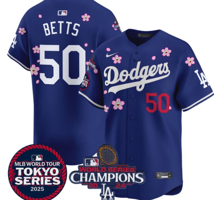 Mookie Betts Jersey 50 Dodgers Tokyo Series 2025 World Series Champions Patch Royal