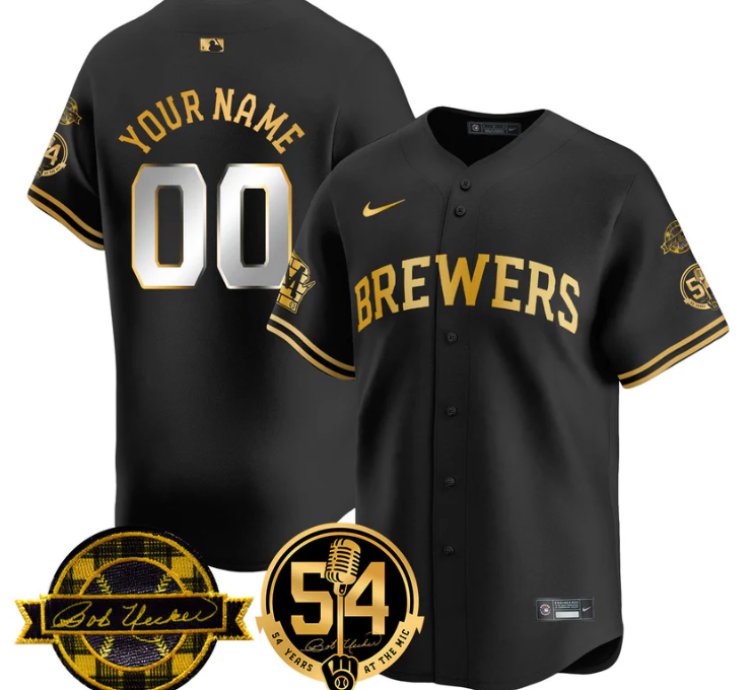 Custom Milwaukee Brewers Jersey 2025 Bob Uecker 54 Seasons For Brewers Stitched Black Gold