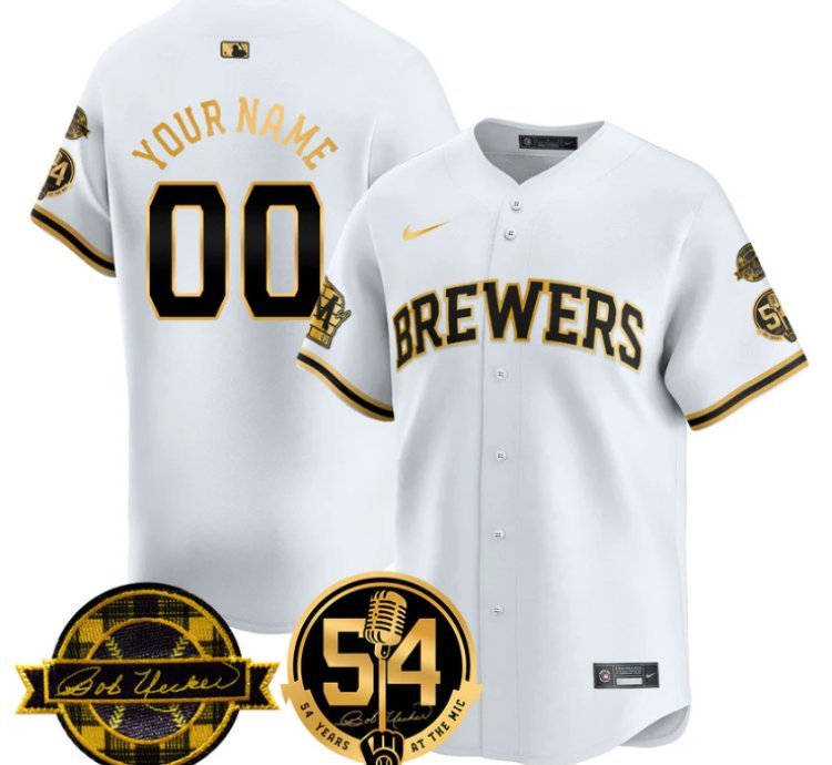 Custom Milwaukee Brewers Jersey 2025 Bob Uecker 54 Seasons For Brewers Stitched White Gold