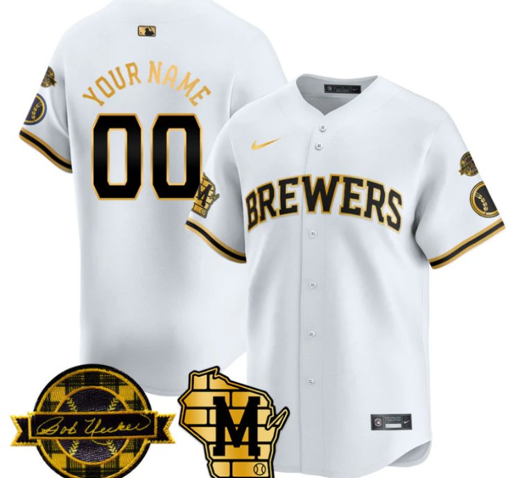 Custom Milwaukee Brewers Jersey Name Number 2025 Limited Bob Uecker Patch Stitched White Gold