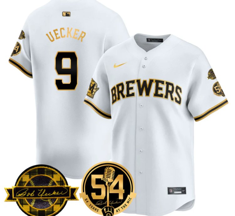 Bob Uecker Jersey 9 Milwaukee Brewers 2025 Bob Uecker 54 Seasons For Brewers Stitched White Gold