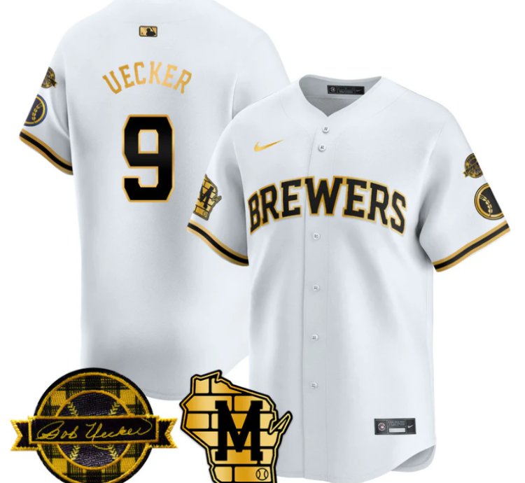 Bob Uecker Jersey 9 Milwaukee Brewers 2025 Limited Bob Uecker Patch Stitched White Gold