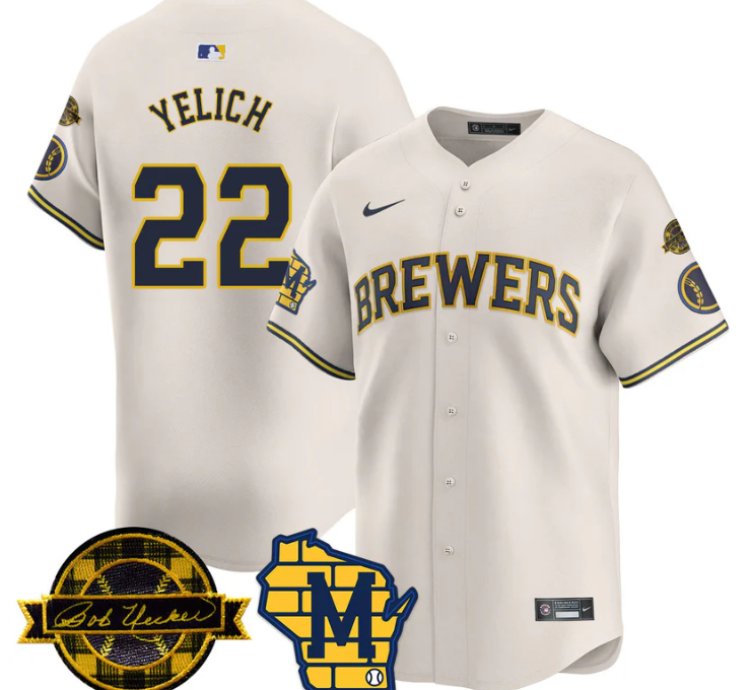 Christian Yelich Jersey 22 Milwaukee Brewers 2025 Limited Bob Uecker Patch Stitched Cream