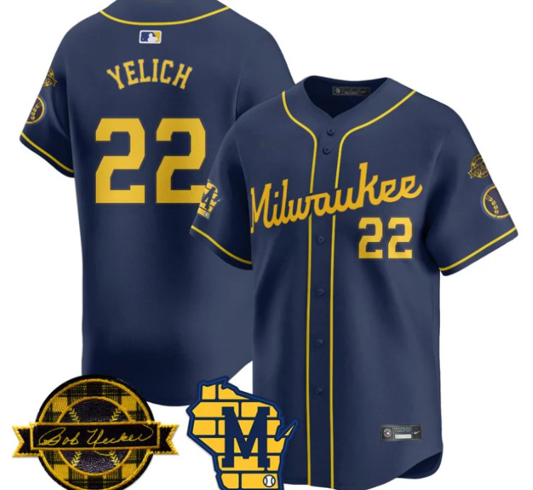 Christian Yelich Jersey 22 Milwaukee Brewers 2025 Limited Bob Uecker Patch Stitched Navy