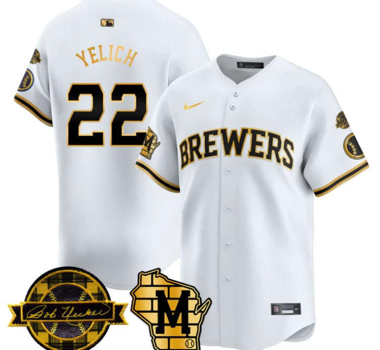 Christian Yelich Jersey 22 Milwaukee Brewers 2025 Limited Bob Uecker Patch Stitched White Gold