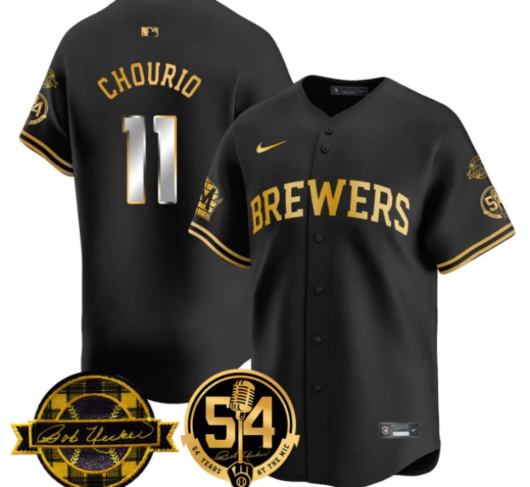 Jackson Chourio Jersey 11 Milwaukee Brewers 2025 Bob Uecker 54 Seasons For Brewers Stitched Black Gold