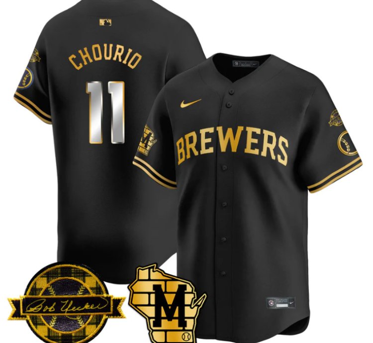 Jackson Chourio Jersey 11 Milwaukee Brewers 2025 Limited Bob Uecker Patch Stitched Black Gold