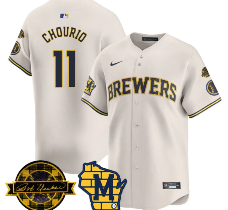 Jackson Chourio Jersey 11 Milwaukee Brewers 2025 Limited Bob Uecker Patch Stitched Cream