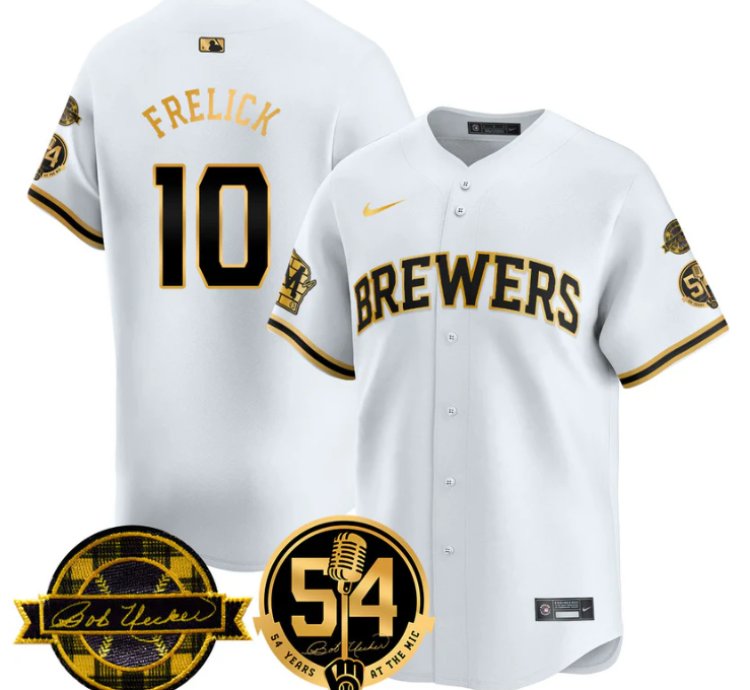 Sal Frelick Jersey 10 Milwaukee Brewers 2025 Bob Uecker 54 Seasons For Brewers Stitched White Gold