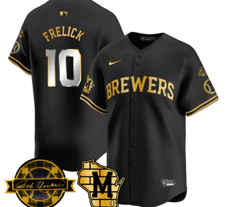 Sal Frelick Jersey 10 Milwaukee Brewers 2025 Limited Bob Uecker Patch Stitched Black Gold