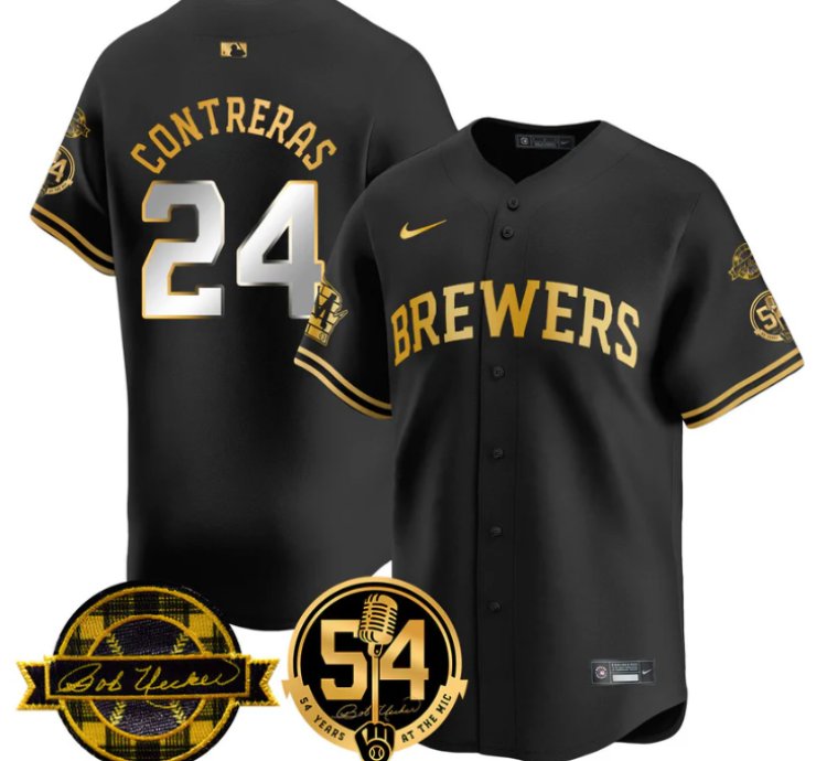 William Contreras Jersey 24 Milwaukee Brewers 2025 Bob Uecker 54 Seasons For Brewers Stitched Black Gold