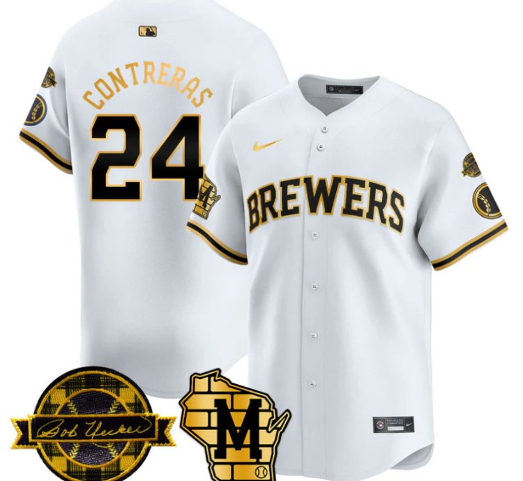 William Contreras Jersey 24 Milwaukee Brewers 2025 Limited Bob Uecker Patch Stitched White Gold