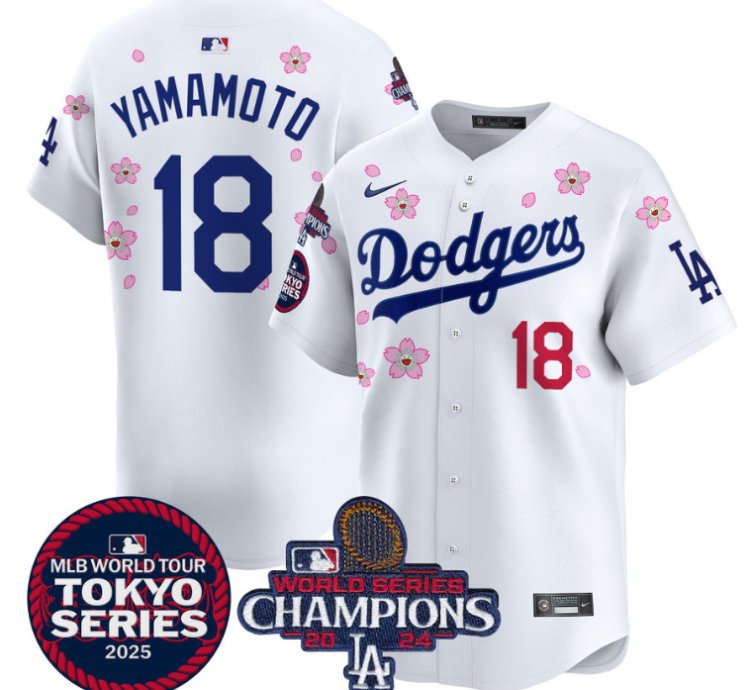Yamamoto Jersey 18 Dodgers Tokyo Series 2025 World Series Champions Patch White