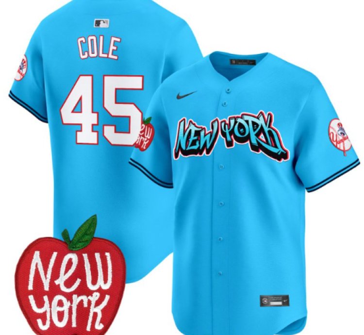 Gerrit Cole Jersey 45 New York Yankees Apple Patch Vapor Premier Limited Stitched Light Blue